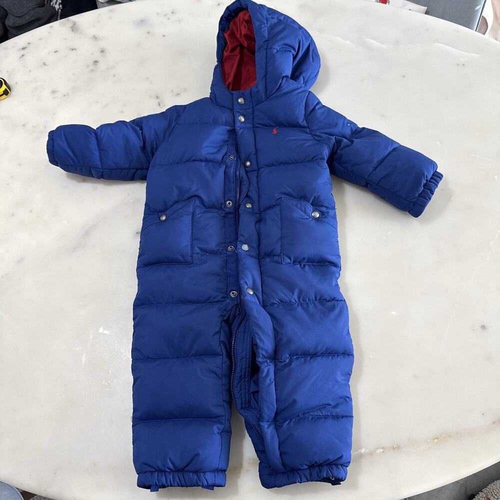 Ralph Lauren Baby 18M Hooded Insulated Down Snowsuit One-Piece Blue Red
